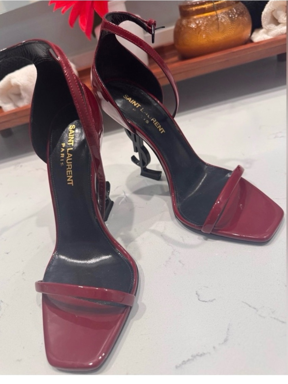 Saint Laurent Red Patent YSL Logo Heel Sandals - Picture 2 of 7